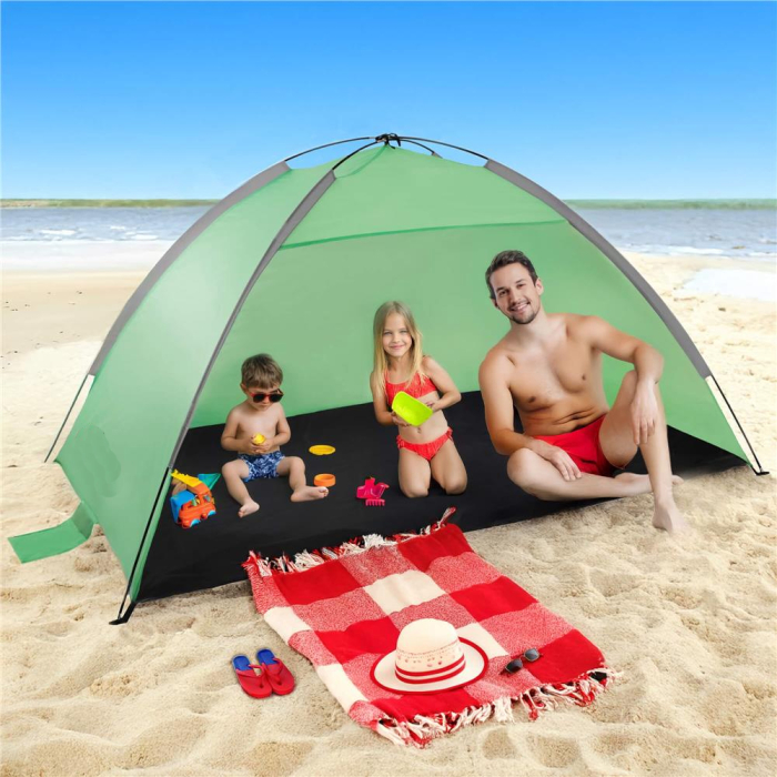 Cort plaja XXL semi-inchis cu protectie UV, podea izolanta, 210x120x112 cm, verde [14]