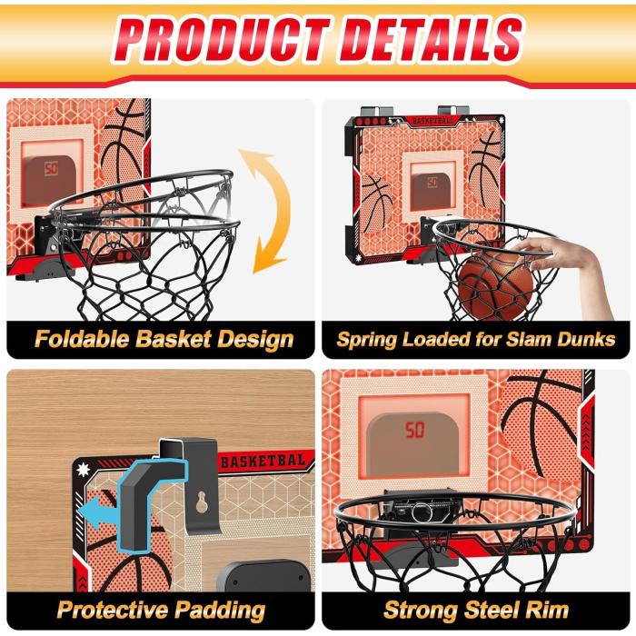 Cos de Baschet pentru Copii, , cu Tablou de Bord Electronic, Minge, Pompa, 2 Moduri, Interior/Exterior, Inel Metalic si Rabatabil cu Arc, Luminos, 41x27.5x5 cm, Multicolor [5]