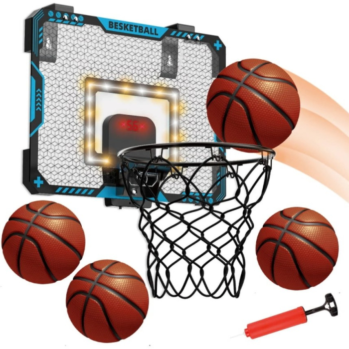 Cos de Baschet pentru Copii, , cu Tablou de Bord Electronic, Minge, Pompa, 2 Moduri, Interior/Exterior, Inel Metalic si Rabatabil cu Arc, Luminos, 41x31x5 cm, Multicolor [12]