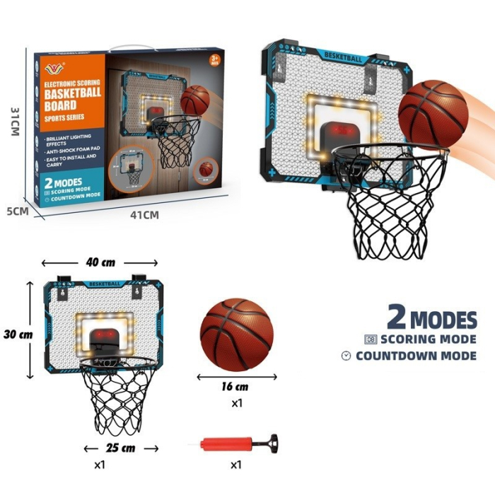 Cos de Baschet pentru Copii, , cu Tablou de Bord Electronic, Minge, Pompa, 2 Moduri, Interior/Exterior, Inel Metalic si Rabatabil cu Arc, Luminos, 41x31x5 cm, Multicolor [6]