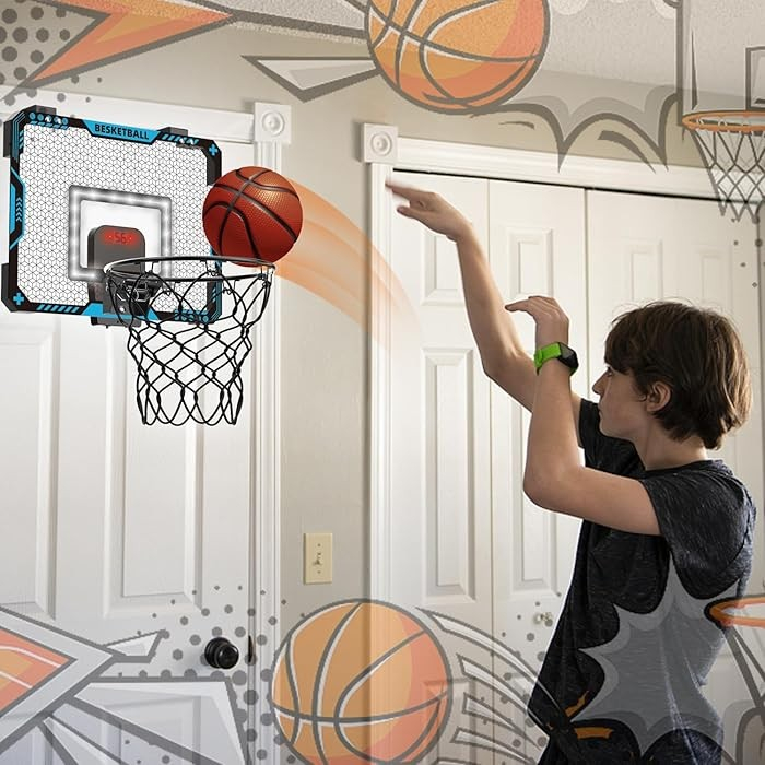 Cos de Baschet pentru Copii, , cu Tablou de Bord Electronic, Minge, Pompa, 2 Moduri, Interior/Exterior, Inel Metalic si Rabatabil cu Arc, Luminos, 41x31x5 cm, Multicolor [2]