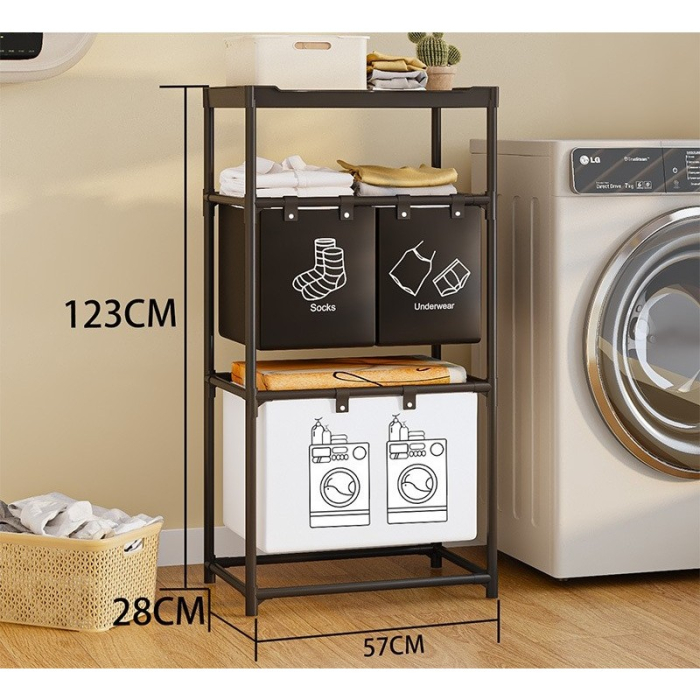 Cos de Rufe, , 3 Rafturi, 3 Cosuri, Cadru de Otel Inoxidabil, 123x28x57 cm, Negru [2]