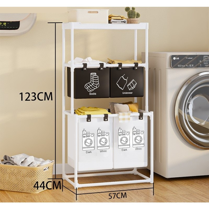 Cos de Rufe, , 3 Rafturi, 4 Cosuri, Cadru de Otel Inoxidabil, 123x28x57 cm, 123x44x57 cm, Alb [3]