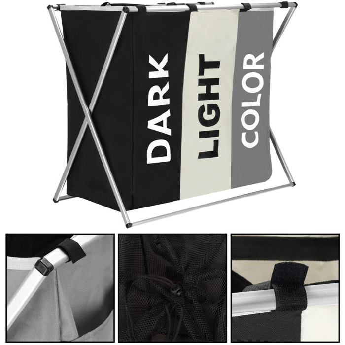 Cos de rufe cu 3 compartimente, cadru aluminiu, 60x40x68cm, 146 litri [14]