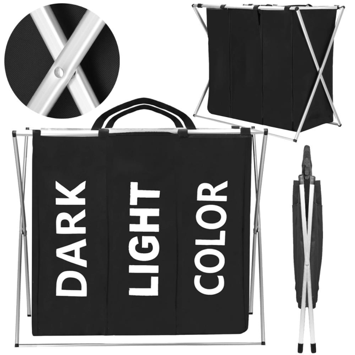 Cos de rufe cu 3 compartimente, cadru aluminiu, 68x40x60cm, 146 litri, negru [6]