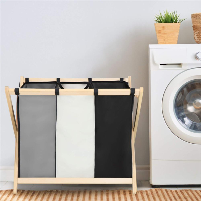 Cos de rufe cu 3 compartimente, cadru din lemn, 67x42x57 cm, 105 litri [21]