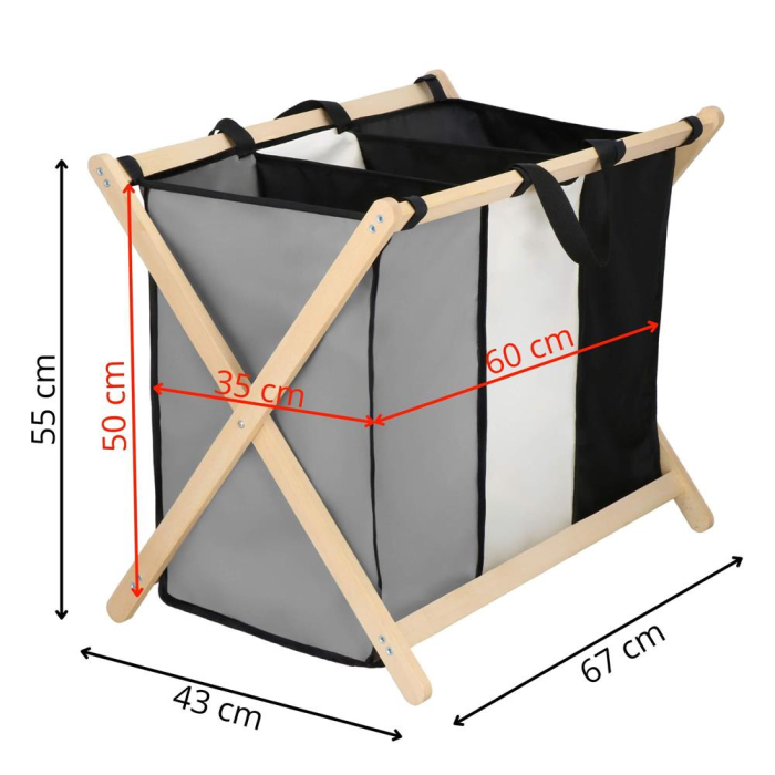 Cos de rufe cu 3 compartimente, cadru din lemn, 67x43x55 cm, 105 litri [17]