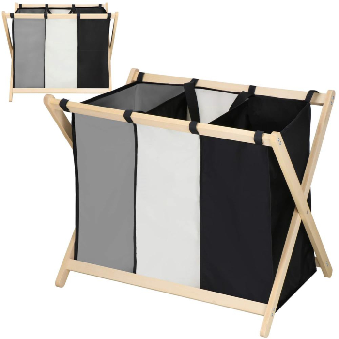 Cos de rufe cu 3 compartimente, cadru din lemn, 67x42x57 cm, 105 litri [5]