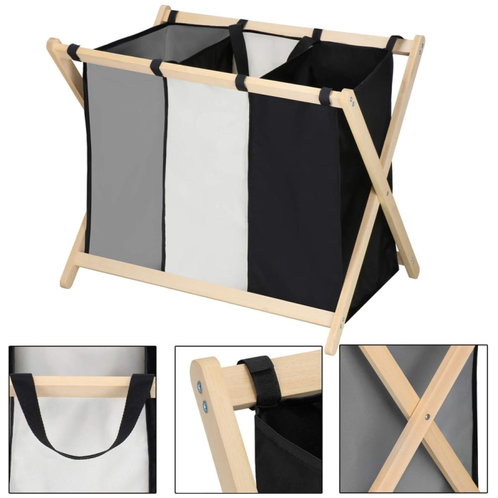 Cos de rufe cu 3 compartimente, cadru din lemn, 67x42x57 cm, 105 litri [15]