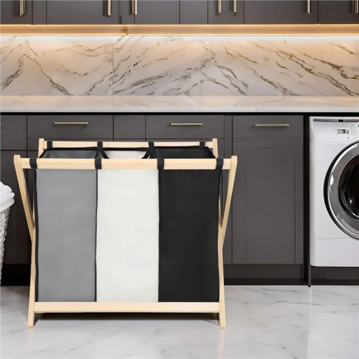 Cos de rufe cu 3 compartimente, cadru din lemn, 67x42x57 cm, 105 litri [22]