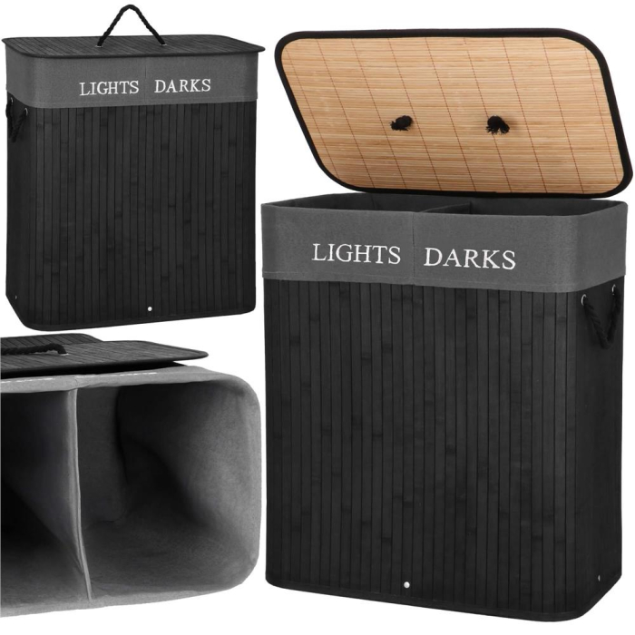 Cos de rufe din bambus cu capac, 2 compartimente, sac detasabil, volum 100L, 54x34x60cm, negru [4]