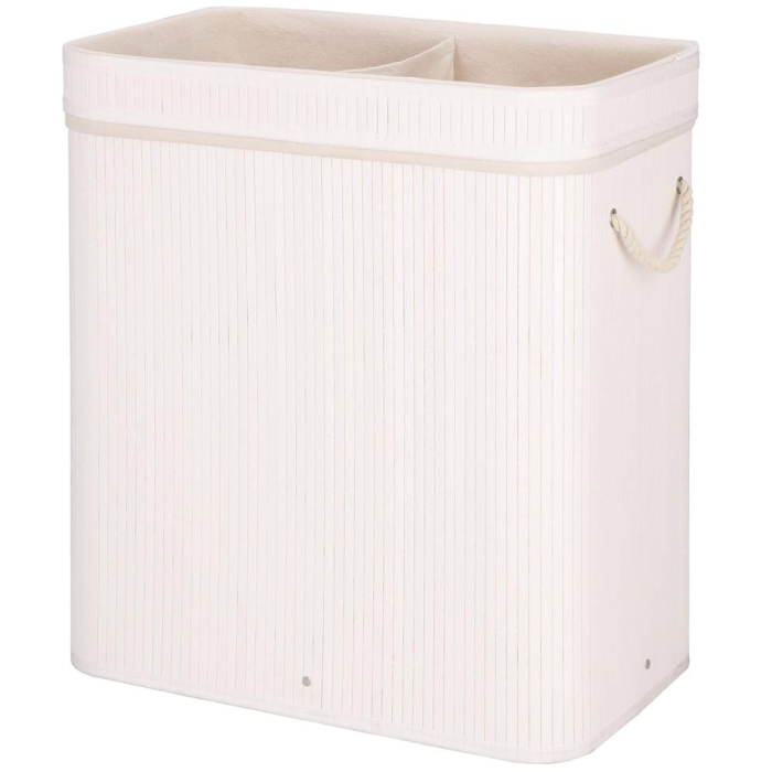 Cos de rufe din bambus cu capac, 2 compartimente, sac detasabil, volum 100L, 54x35x60cm, alb [16]