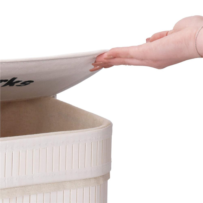 Cos de rufe din bambus cu capac, 2 compartimente, sac detasabil, volum 100L, 54x35x60cm, alb [20]