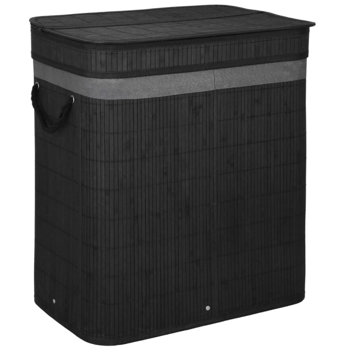 Cos de rufe din bambus cu capac, 2 compartimente, sac detasabil, volum 100L, 54x35x60cm, negru [8]