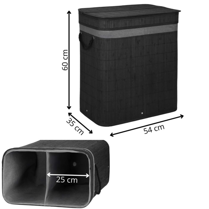 Cos de rufe din bambus cu capac, 2 compartimente, sac detasabil, volum 100L, 54x35x60cm, negru [23]