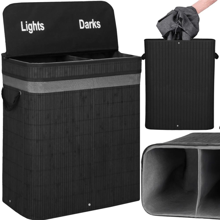 Cos de rufe din bambus cu capac, 2 compartimente, sac detasabil, volum 100L, 54x35x60cm, negru [4]
