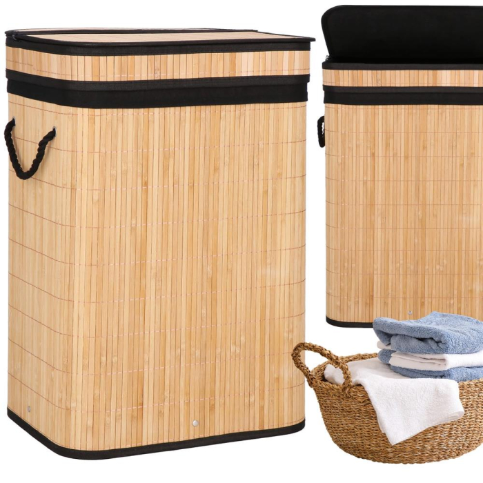 Cos de rufe din bambus cu capac, sac detasabil, volum 72L, 42x33x60cm, maro [27]