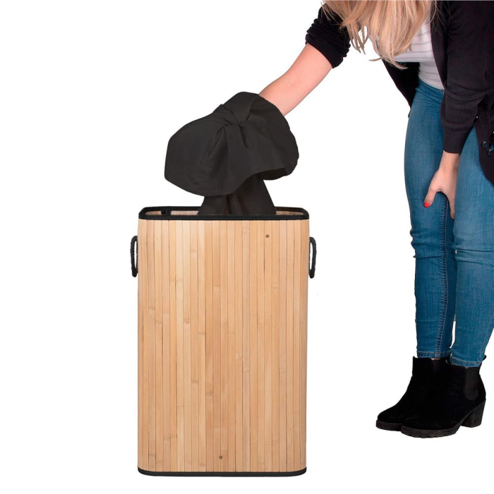 Cos de rufe din bambus cu capac, sac detasabil, volum 72L, 42x33x60cm, maro [20]