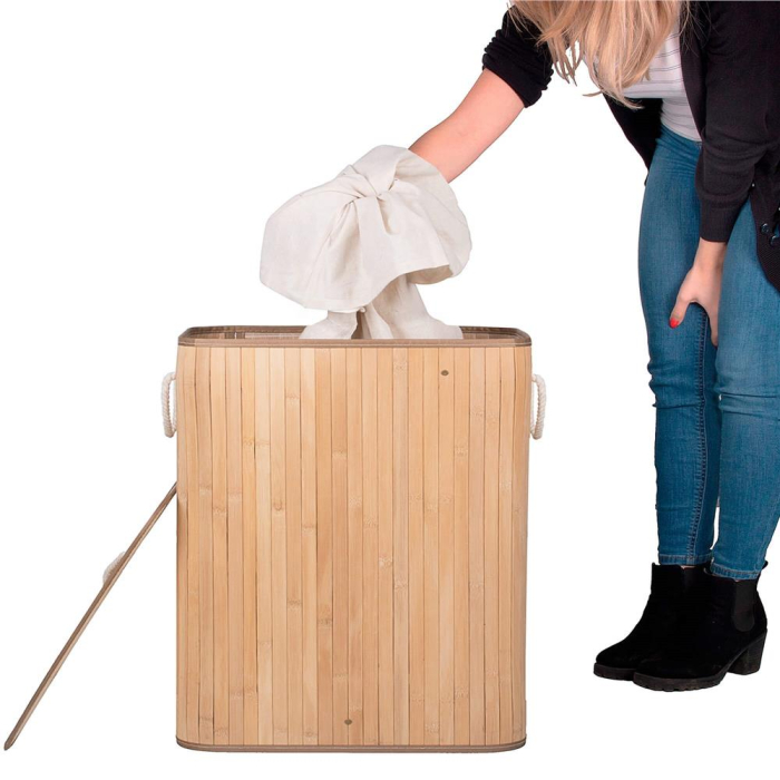 Cos de rufe din bambus, pliabil, cu captuseala detasabila lavabila, 3 compartimente, 150L, 63x42x62cm, maro [15]