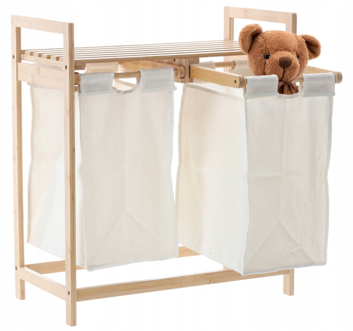 Cos de rufe din bambus si blat din lemn, 2 cosuri din panza, 64x73x33cm, natur [4]