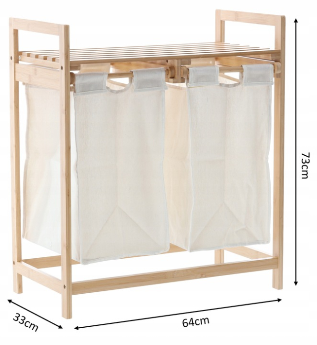 Cos de rufe din bambus si blat din lemn, 2 cosuri din panza, 64x73x33cm, natur [6]