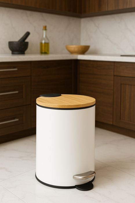 Cos gunoi 5Five Modern Color cu capac bambus si sistem soft-close, otel, polipropilena si bambus, 3L, 22x17x23 cm, alb [6]