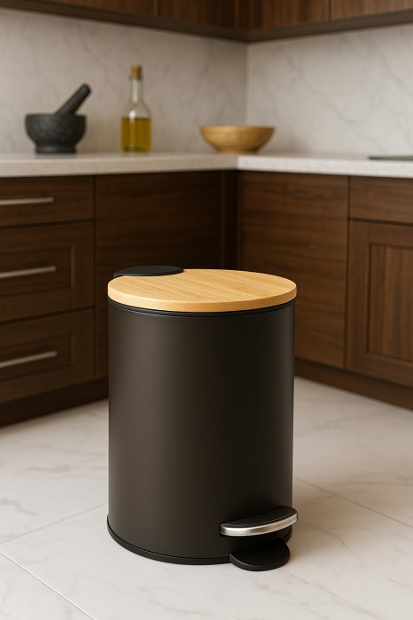 Cos gunoi 5Five Modern Color cu capac bambus si sistem soft-close, otel, polipropilena si bambus, 3L, 22x17x23 cm, negru [6]
