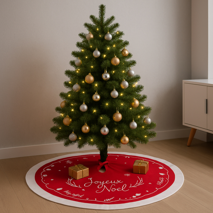 Covor decorativ pentru brad, din fetru matlasat, diametru 90 cm, rosu [4]