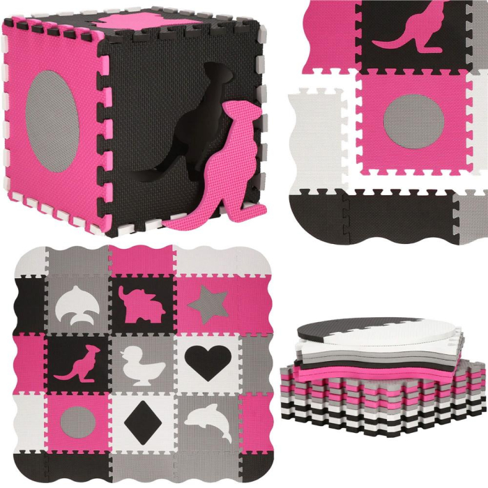 Covor din spuma pentru copii, tip puzzle forme, 34 piese, termoizolant, 120×120 cm, gri roz [5]