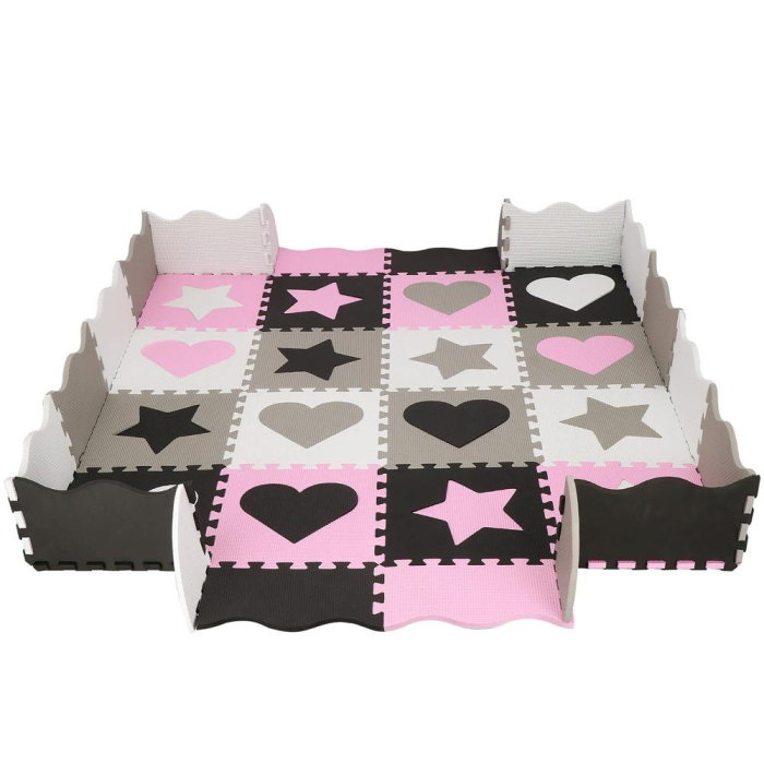 Covor din spuma pentru copii, tip puzzle forme, 52 piese, termoizolant, 150x150 cm, gri roz [3]