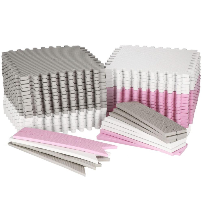 Covor din spuma pentru copii, tip puzzle triunghiuri, 96 piese,186×186 cm, gri roz [10]
