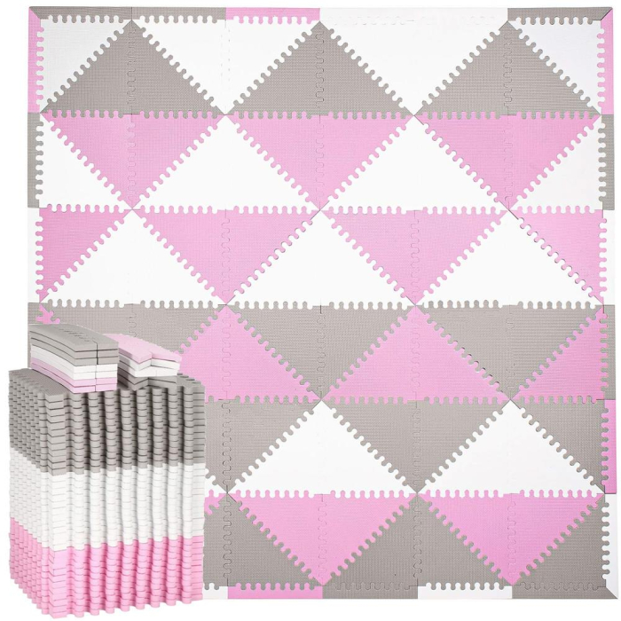 Covor din spuma pentru copii, tip puzzle triunghiuri, 96 piese,186×186 cm, gri roz [11]