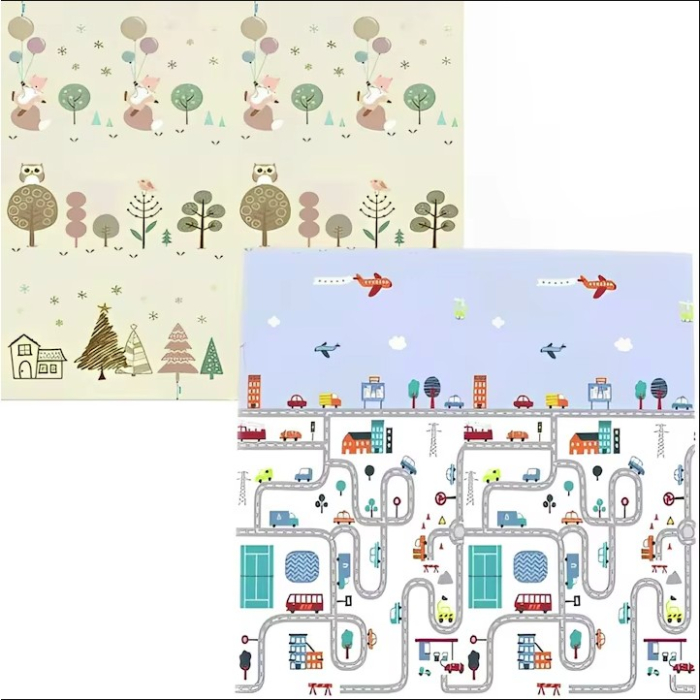 Covoras de Joaca pentru Copii Termic cu 2 Fete, , Model Vulpi si Pista de Masini, cu Spuma, Impermeabil, Antiderapant, 200cm x 180cm x 0.8cm [2]