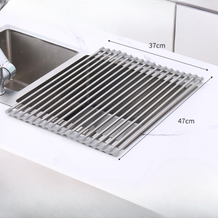 Covoras de Scurgere pentru Chiuveta Bucatarie, din Otel Inoxidabil, Suport Chiuveta, Pliabil, Antiderapant, Usor de Curatat si de Depozitat, 47x37cm, 18 Tuburi, Gri [6]