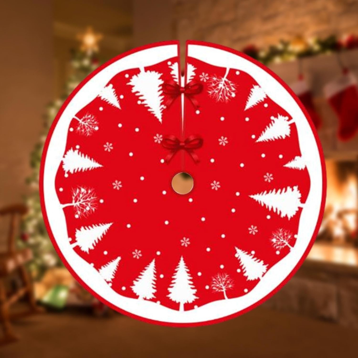 Covoras pentru Bradul de Craciun, , din Tesatura Pufoasa, cu Fundite de Prindere, Model Brazi, Rosu/Alb, Diametru 90 cm [6]