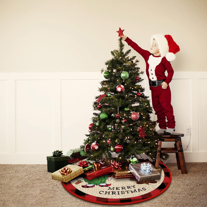 Covoras pentru Bradul de Craciun, , din Tesatura Pufoasa, cu Fundite de Prindere, Model Gnomi, Multicolor, Diametru 90 cm [2]