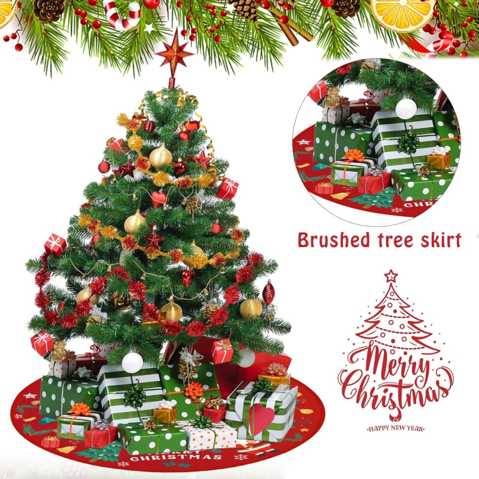 Covoras pentru Bradul de Craciun, , din Tesatura Pufoasa, cu Fundite de Prindere, Model Mos Craciun, Rosu, Diametru 90 cm [9]