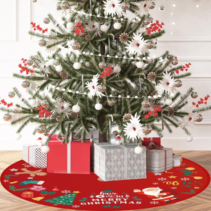 Covoras pentru Bradul de Craciun, , din Tesatura Pufoasa, cu Fundite de Prindere, Model Mos Craciun, Rosu, Diametru 90 cm [4]