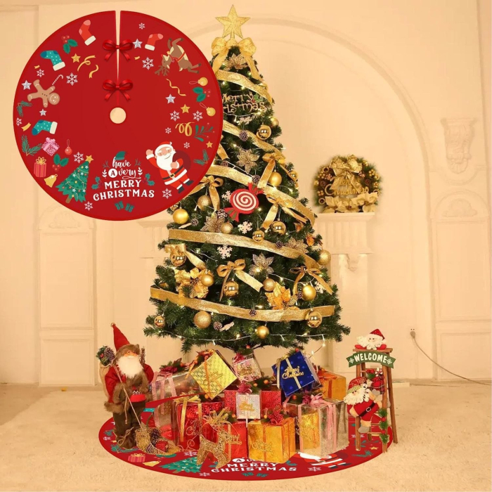 Covoras pentru Bradul de Craciun, , din Tesatura Pufoasa, cu Fundite de Prindere, Model Mos Craciun, Rosu, Diametru 90 cm [5]