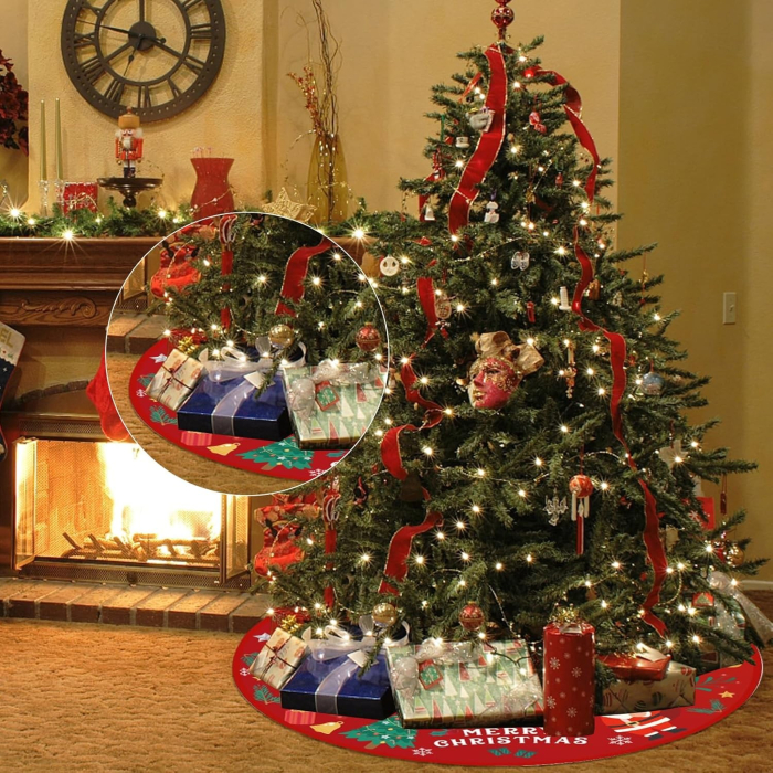 Covoras pentru Bradul de Craciun, , din Tesatura Pufoasa, cu Fundite de Prindere, Model Mos Craciun, Rosu, Diametru 90 cm [7]