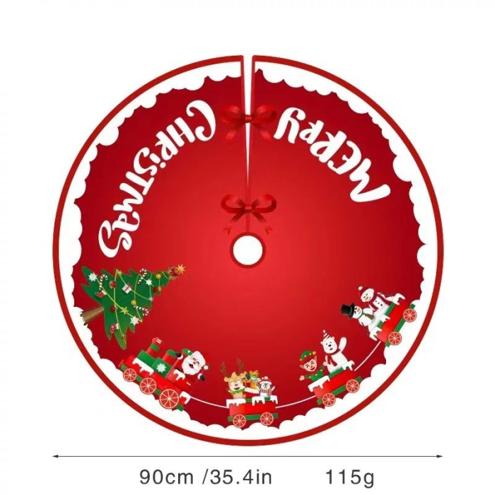 Covoras pentru Bradul de Craciun, , din Tesatura Pufoasa, cu Fundite de Prindere, Model Sania lui Mos Craciun, Rosu, Diametru 90 cm [8]