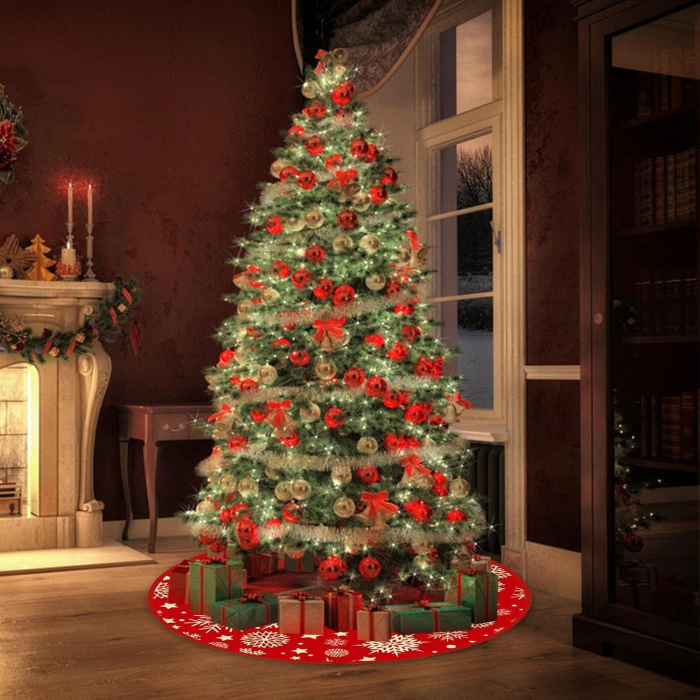 Covoras pentru Bradul de Craciun, , din Tesatura Pufoasa, cu Fundite de Prindere, Model Stelute, Rosu, Diametru 90 cm [5]