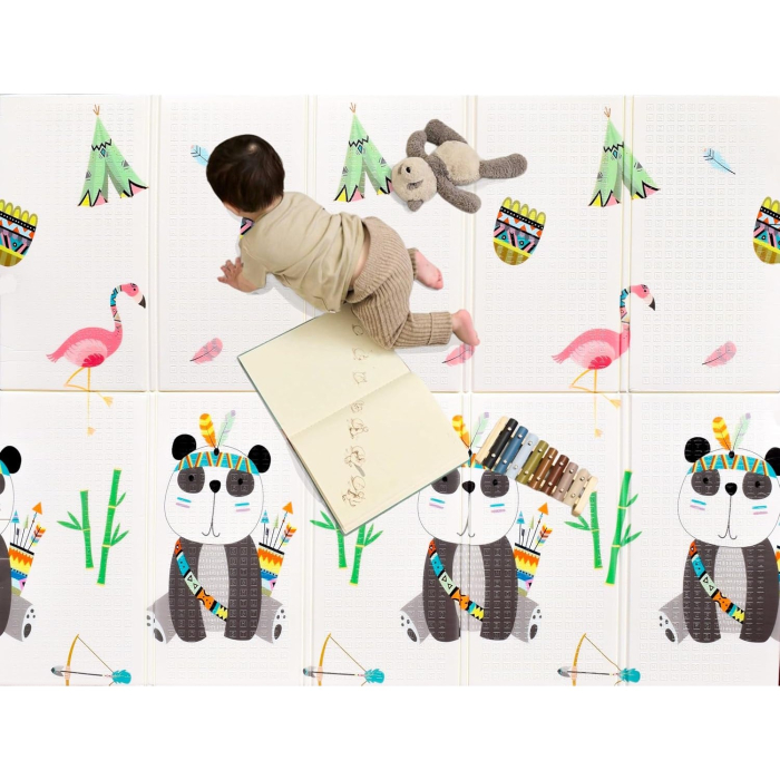 Covoras pentru Copii, , cu 2 Fete, Model Caprioare/Panda, din XPE+PE, Impermeabil, Antiderapant, Protectie Termica, +3 Luni, Pliabil, 150 x 200 x 1 cm, Multicolor [3]