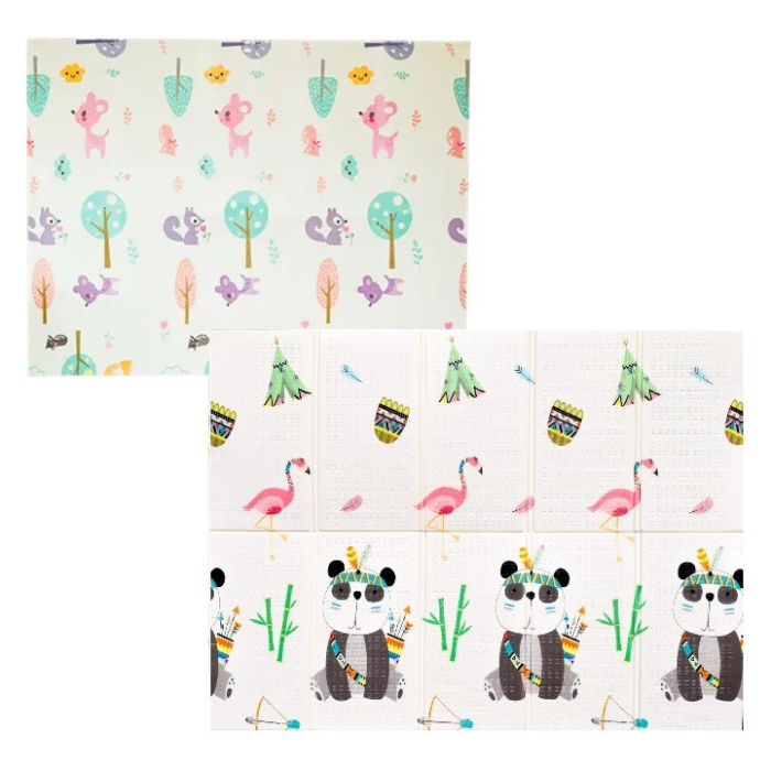 Covoras pentru Copii, , cu 2 Fete, Model Caprioare/Panda, din XPE+PE, Impermeabil, Antiderapant, Protectie Termica, +3 Luni, Pliabil, 150 x 200 x 1 cm, Multicolor [1]