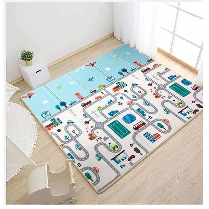 Covoras pentru Copii, , cu 2 Fete, Model Trafic/Girafe, din XPE+PE, Impermeabil, Antiderapant, Protectie Termica, +3 Luni, Pliabil, 180 x 200 x 1 cm, Multicolor [2]