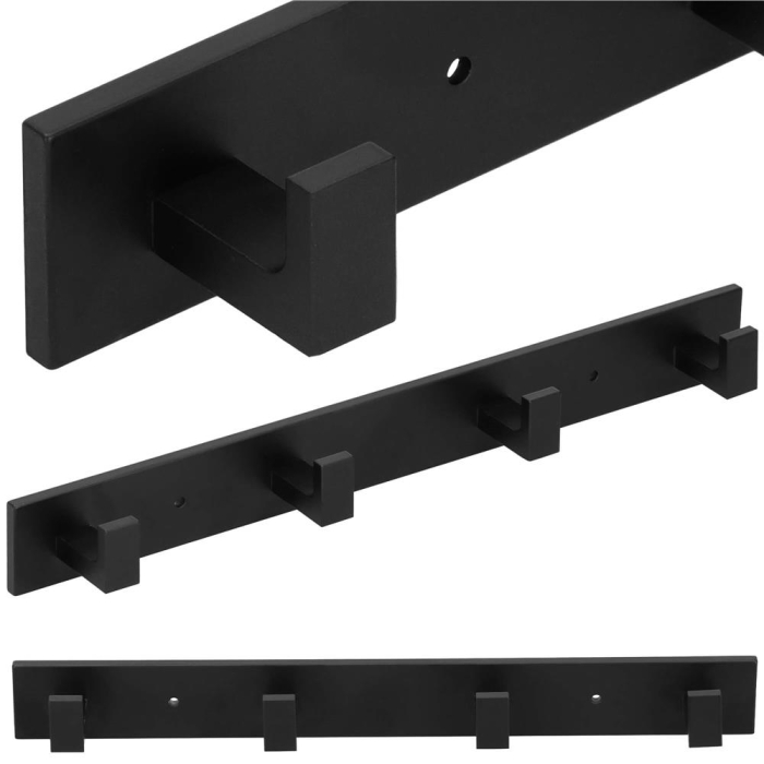 Cuier de baie pentru prosoape cu 2 sisteme instalare, aluminiu, 4 agatatori, 35x4cm, negru [12]