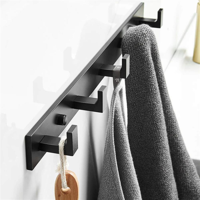 Cuier de baie pentru prosoape cu 2 sisteme instalare, aluminiu, 5 agatatori, 45x4cm, negru [18]