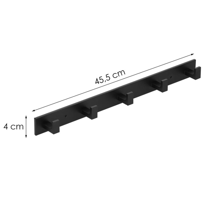 Cuier de baie pentru prosoape cu 2 sisteme instalare, aluminiu, 5 agatatori, 45x4cm, negru [20]