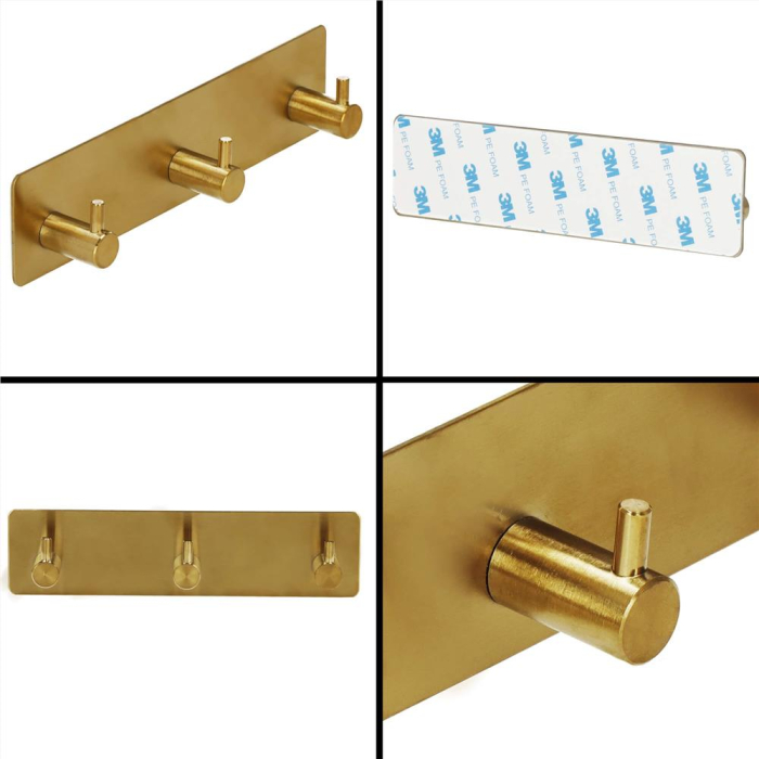 Cuier de baie pentru prosoape, montare fara gaurire, otel, 3 agatatori, 18x4.5cm, auriu [11]