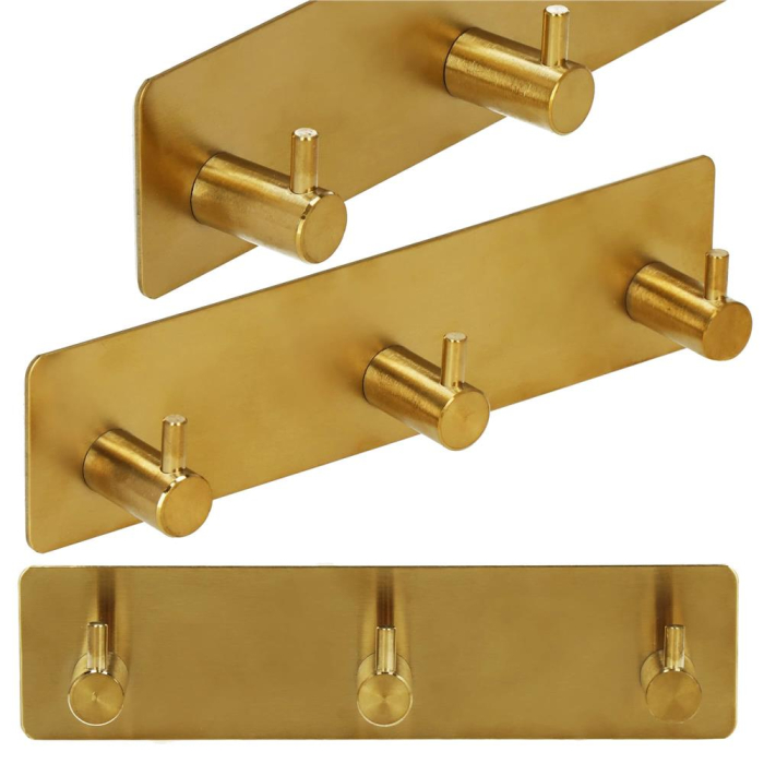 Cuier de baie pentru prosoape, montare fara gaurire, otel, 3 agatatori, 18x4.5cm, auriu [3]